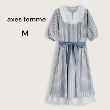 axes femme 롱 원피스 스트라이프 레이스 퍼프 슬리브 M