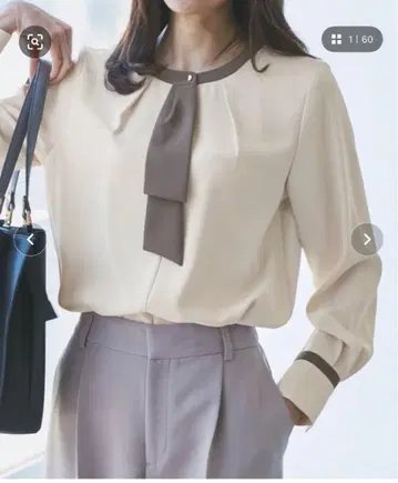 로페피크닉 조젯 배색 보타이풍 블라우스