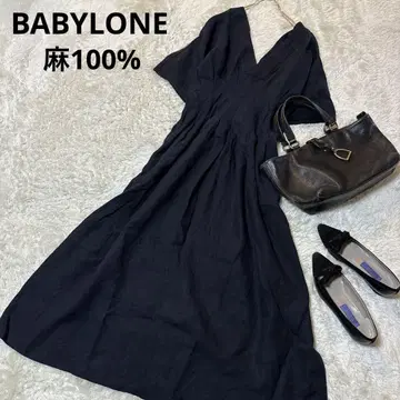 바빌론 BABYLONE 린넨 100% 롱 원피스 반팔 V넥