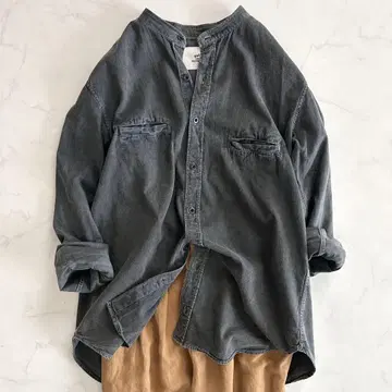 OUTIL 밴드 카라 데님 셔츠 블랙 블랙 그레이 면100%