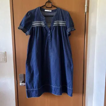 다크 네이비 블루 데님풍 튜닉 반팔 자수