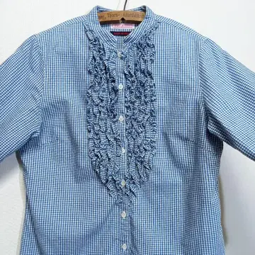 티글루 브로칸테 인디고 깅엄 마오 칼라 프릴 셔츠 블라우스