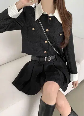 스트라이프 셔츠 도킹 트위드 자켓 & 벨트 포함 A 라인 스커트 SET