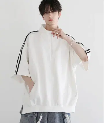 LILL 코튼 분또 드레이프 트랙 하프 지퍼 반팔 풀오버 M 화이트