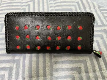 핸드메이드 도서 소가죽 딸기 무늬 장지갑 카드 케이스 포함 (블랙)