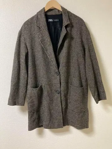 ZARA 체크 무늬 트위드 체스터 코트 브라운 계열