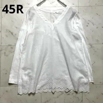 45R 밑단 레이스 V 넥 컷 티셔츠 블라우스 화이트 화이트
