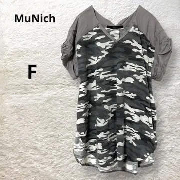 MuNich 티셔츠 반팔 카모 패턴 V넥 얇은 소재 사이드 슬릿 F