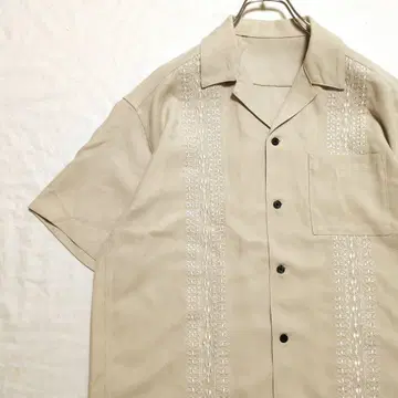자수 오픈 카라 셔츠 오픈 칼라 택 없음 반팔 셔츠 베이지