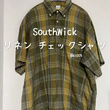 SouthWick 린넨 체크 셔츠 하프 버튼 카라 부착