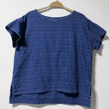 카구레 네이비 나염 반팔 상의 빈티지 코튼 부드러운 블라우스 크루넥