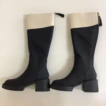 블랙 화이트 롱 부츠 사이드 지퍼 부착 23.5cm