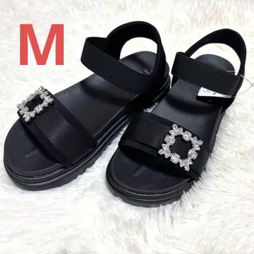 플랫 샌들 통굽 스퀘어 비쥬 샌들 여성용 M 블랙