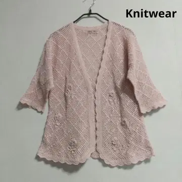 Knitwear 망사 뜨개질 가디건 반팔 옅은 핑크