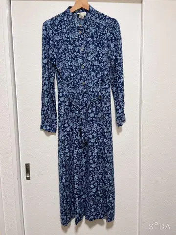 Vintage 레이온 원피스 네이비 꽃무늬 스탠드 넥