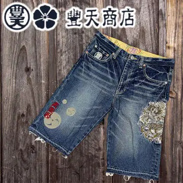 토요텐 상점 하프 데님 자수 기린 숏팬츠 일본풍 패턴 인디고