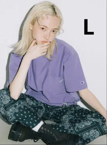 X-girl 챔피온 콜라보 포켓 티셔츠 L 퍼플