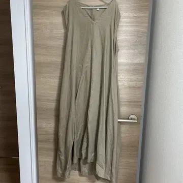 린넨 슬리브리스 MUJI 롱 원피스 베이지 A 라인