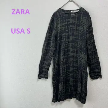 ZARA USA S 카모 패턴 긴팔 원피스 캐주얼 그린 블랙