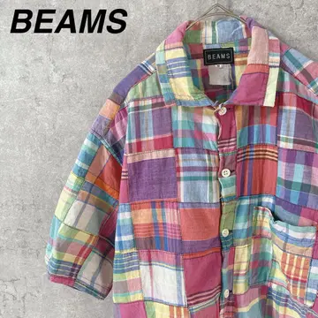 BEAMS 패치워크 셔츠 체크 반팔 컬러풀 M 남성용
