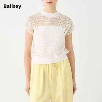 Ballsey 얇은 명주 자수 레이스 프렌치 슬리브 풀오버