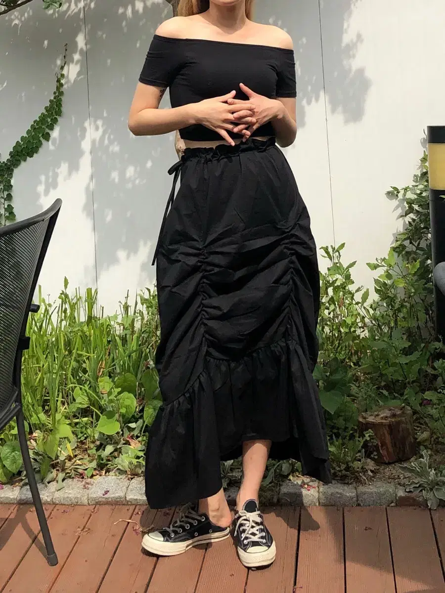 Y2K Nylon Shirring String Long Skirt