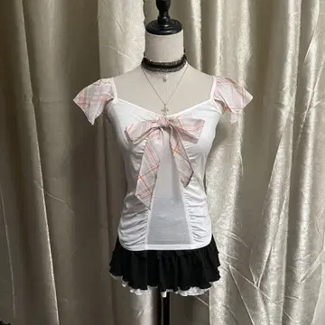 coquette 반팔 블라우스 체크 무늬 리본 일본제 페어리 그런지