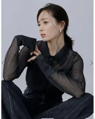 anuans 아누앙스 라메 메쉬 니트 피케 셔츠 차콜 그레이