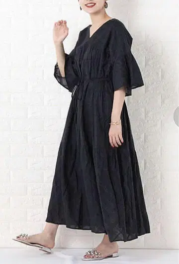 누키테파 도비 체크 티어드 원피스 38 검정