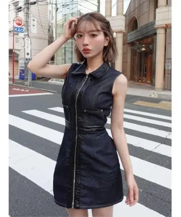 Darich 다리치 가죽 콤비 슬리브리스 데님 미니 원피스