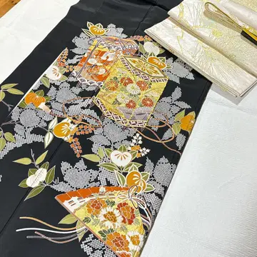 센소 키타오 직물 블랙 전통 예복 기모노 세트