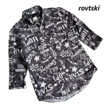 rovtski 올 패턴 버튼 다운 7부 소매 셔츠, 영어