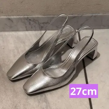 실버 슬링백 샌들 6cm 힐 새상품급 스퀘어토 27cm