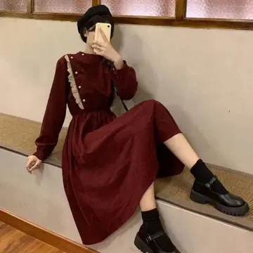 버건디 긴팔 A 라인 원피스