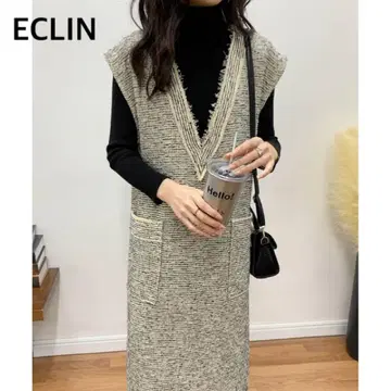ECLIN 깊은 V 넥 트위드 오버롤 스커트