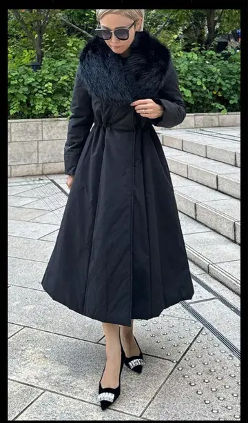 JENNE 기능 면 다운 코트 드레스 퍼 블랙 롱 코트