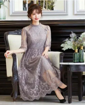 하이넥 5부 소매 전체 레이스 종아리 기장 결혼식 웨딩 경사 2차 모임