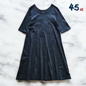 45rpm / 45R 인디고 무릎 기장 원피스 5부 소매 빨간색 실 자수
