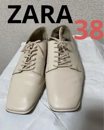 ZARA 베이지 가죽 스퀘어토 신발 로퍼 레이스업 38