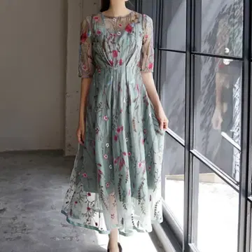 GIRL 빈티지풍 주름 가공 튤 플라워 자수 레이스 원피스 M 사이즈