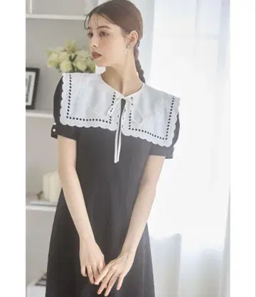 2WAY 자수 빅 칼라 백 레이스업 시어 체크 원피스