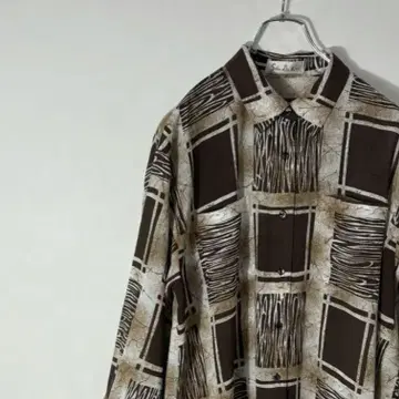 빈티지 긴팔 셔츠 브라운 기하학 블록 패턴 루즈한 사이즈