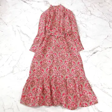 ZARA 자라 꽃무늬 롱 원피스 긴팔 린넨 혼방 벨트 포함 핑크 S