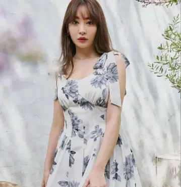 헤르립토 해바라기 프린트 미디 드레스