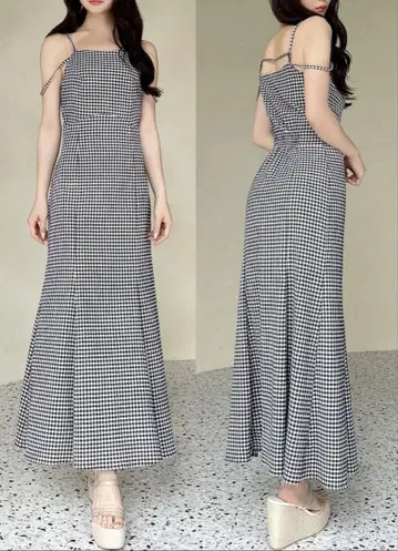 깅엄 체크 맥시 원피스