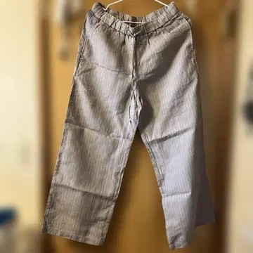 MUJI 프렌치 린넨 스트레이트 팬츠 그레이쉬 브라운 스트라이프