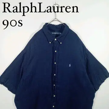 Ralph Lauren 90s 네이비 반팔 버튼 다운 셔츠 린넨