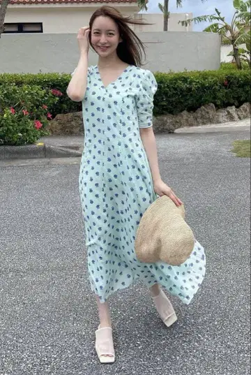누키테파 코튼 도비 스트라이프 플라워 프린트 원피스
