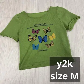 나비 프린트 그린 숏 기장 티셔츠 y2k 버터플라이 헤이세이 갸루