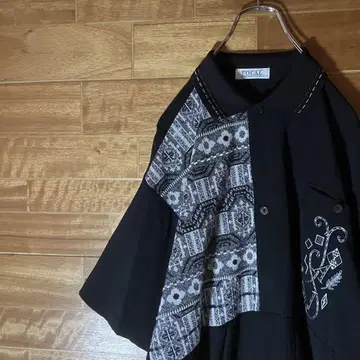 패턴 셔츠 절개 바이컬러 레트로 보타니컬 블랙 자수 로고 L~XL